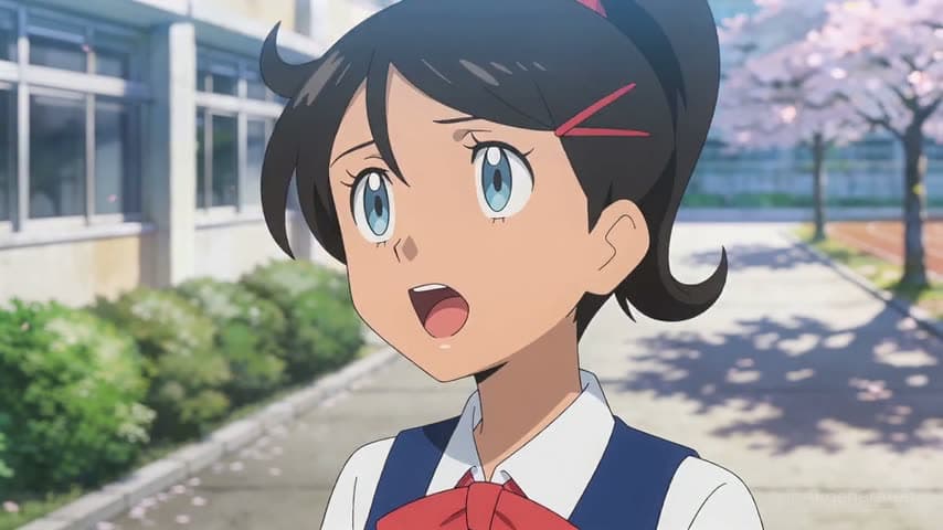 Animepersonage op een schoolplein met bloesembomen