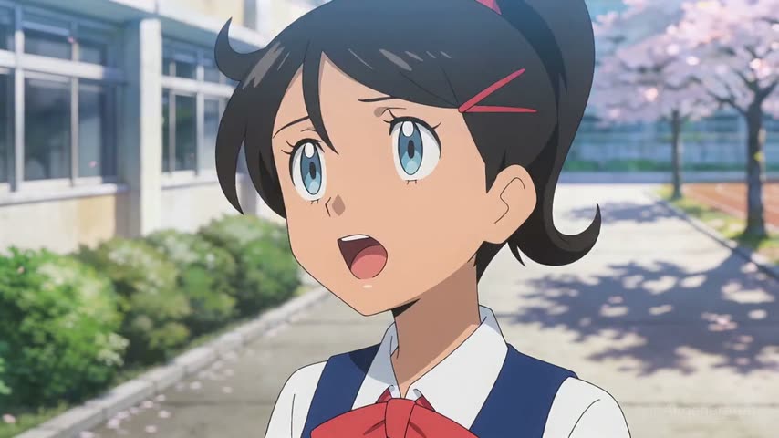 Animepersonage op een schoolplein met bloesembomen