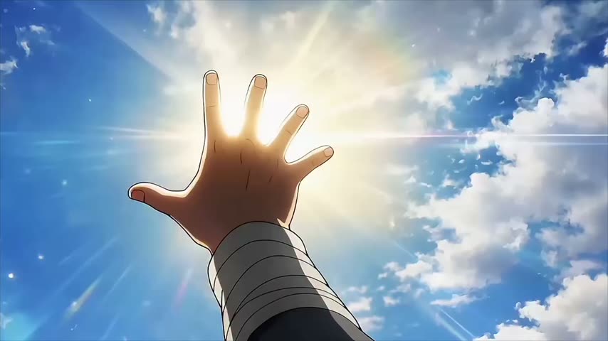 Getekende hand die naar een zonnige blauwe lucht reikt