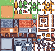 Pixelart-bouwstenen met bomen, huizen en paden voor een eigen spelwereld