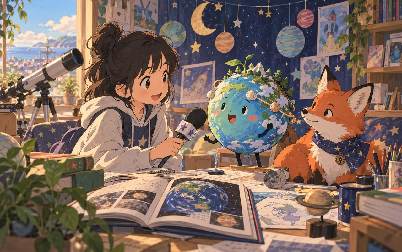 Een leerling interviewt een verzonnen planeet en dier en gebruikt een naslagboek.
