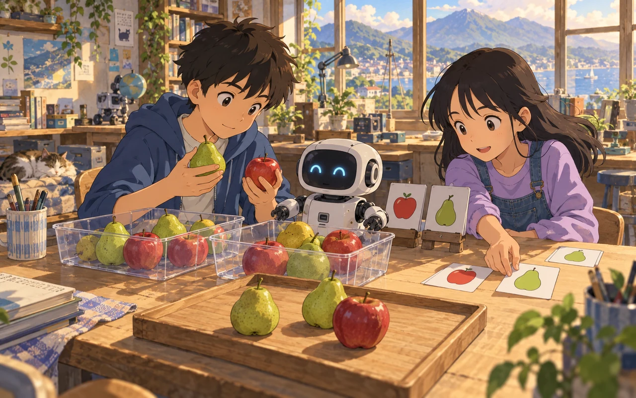 Leerlingen leren een oefenrobot appels en peren herkennen met voorbeeldkaartjes.